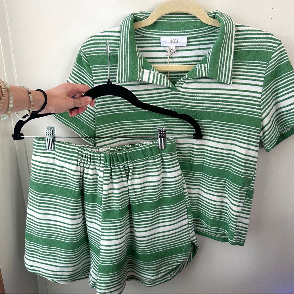 Lucca Couture Green and White Striped High Waist Shorts Set